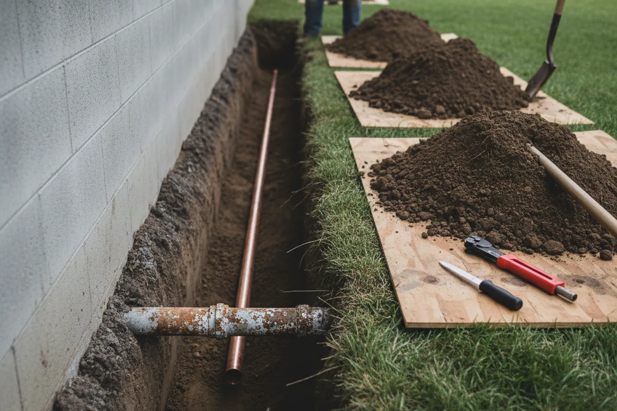 Excavated water line trench during Water Heater Repair in Goldthwaite